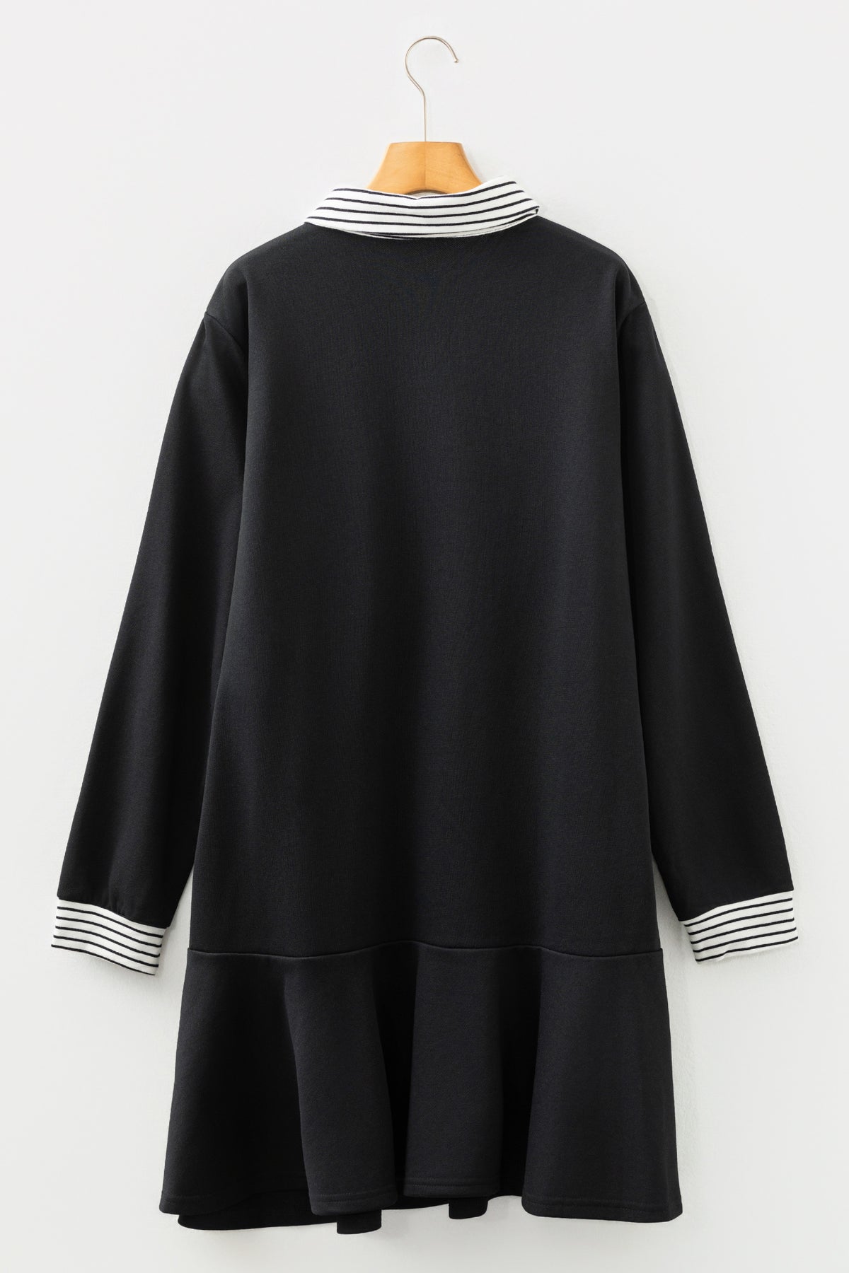 Black Plus Size Striped Cuffs Polo Collar Patchwork Long Sleeve Ruffle Hem Dress