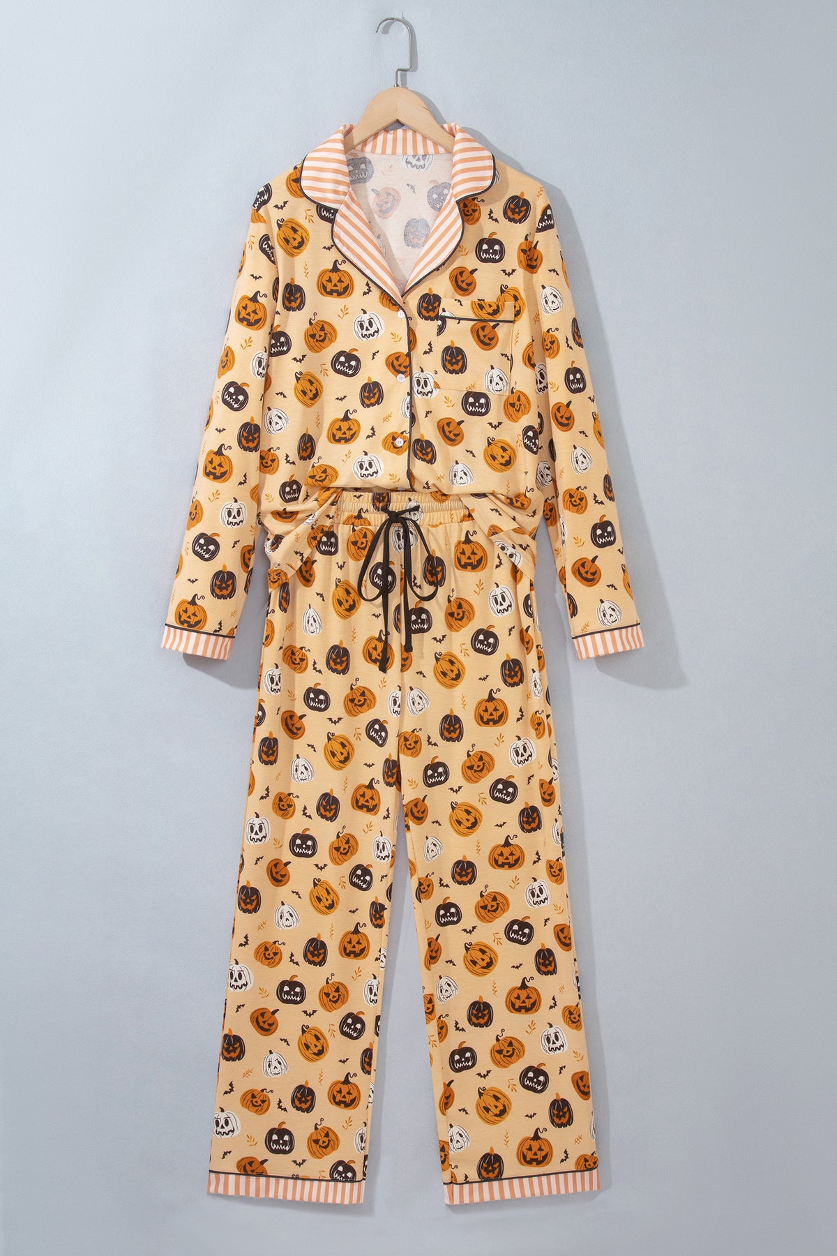 Orange Halloween Pumpkin Print Two Piece Long Sleeve Lounge Set