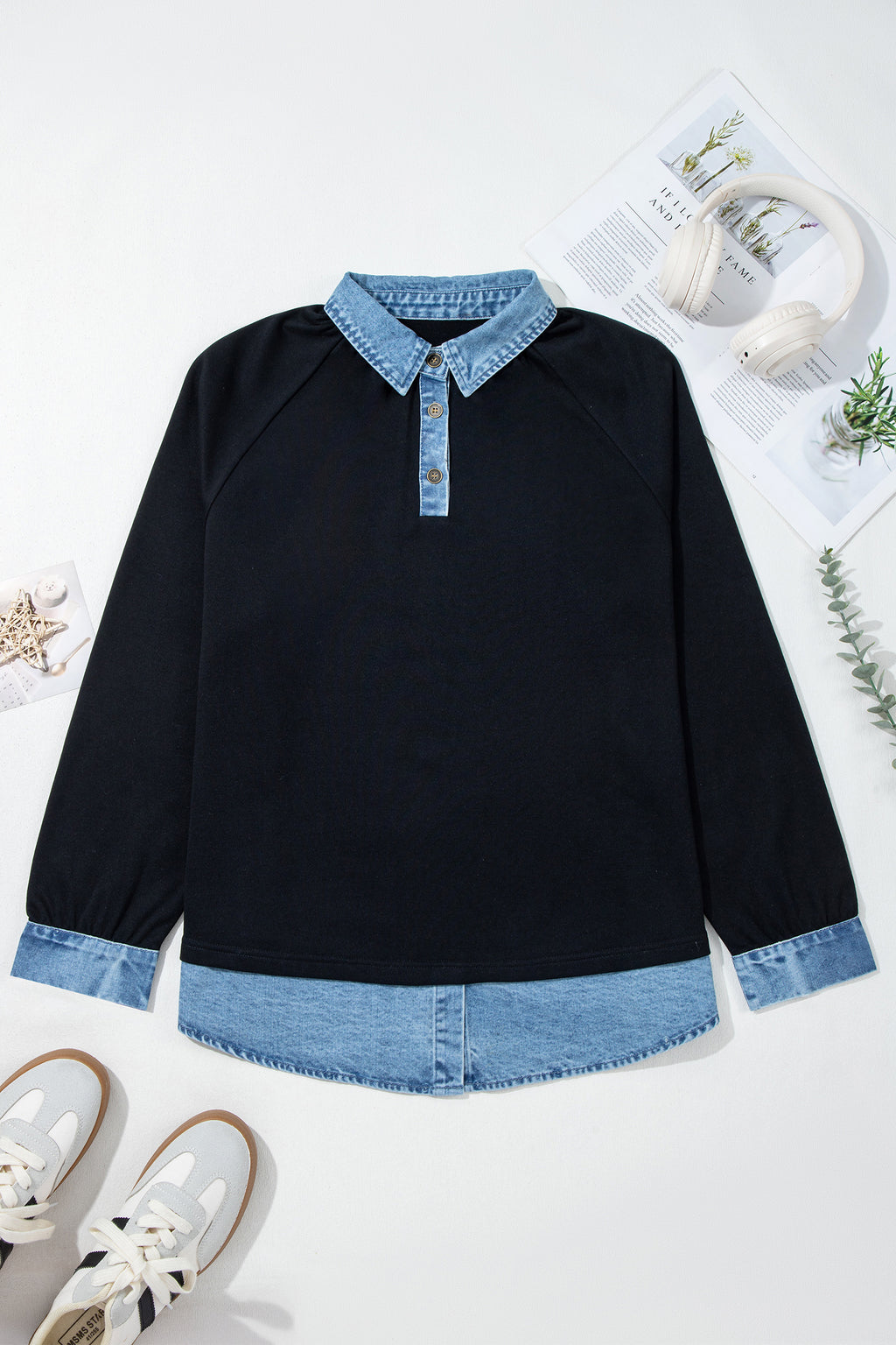 Black Solid Colorblock Long Sleeve V-Neck Plus Size Blouse