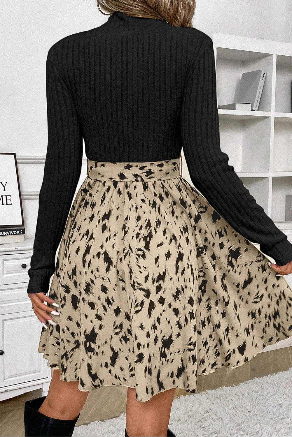 Black Ribbed Knit Patchwork Printed Belted A-line Dress image 1
