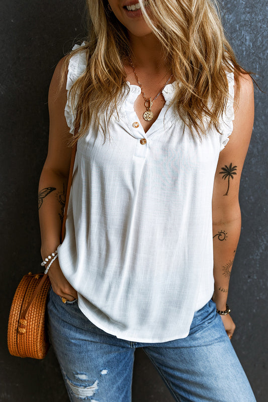 White Button Split Neck Ruffled Trim Tank Top image 0