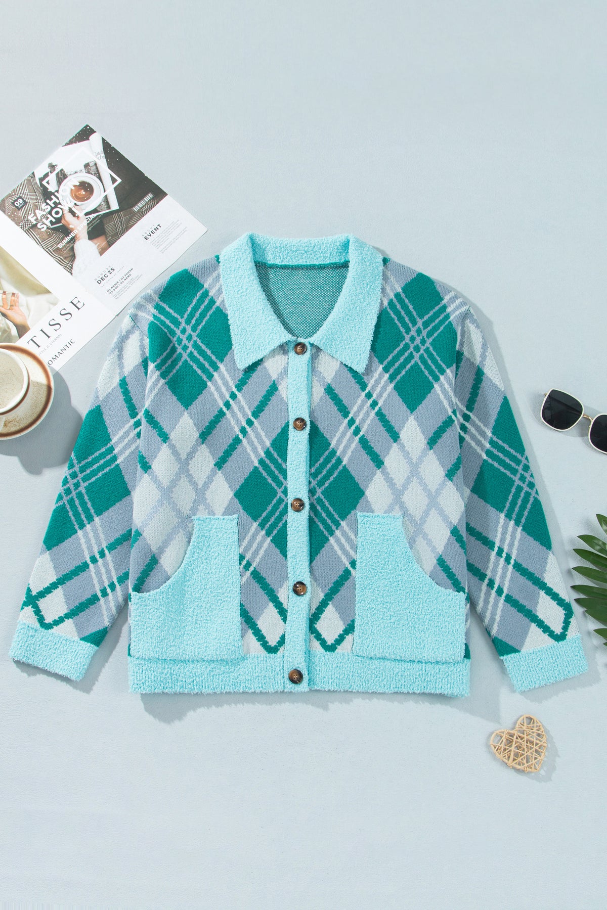 Green Plaid V Neck Long Sleeve Shift Cardigan Sweater