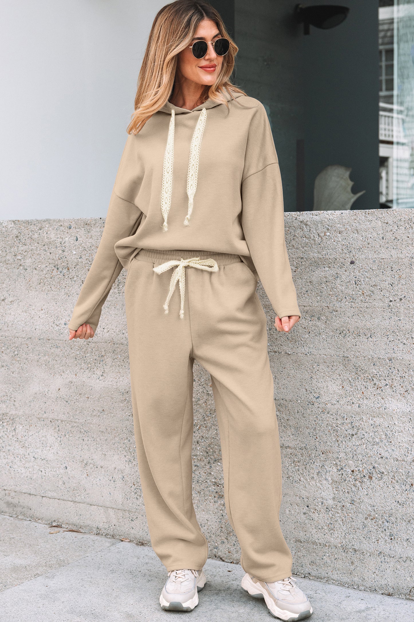Parchment Leopard Drawstring Pullover Hoodie and High Waist Pants Corduroy Suit