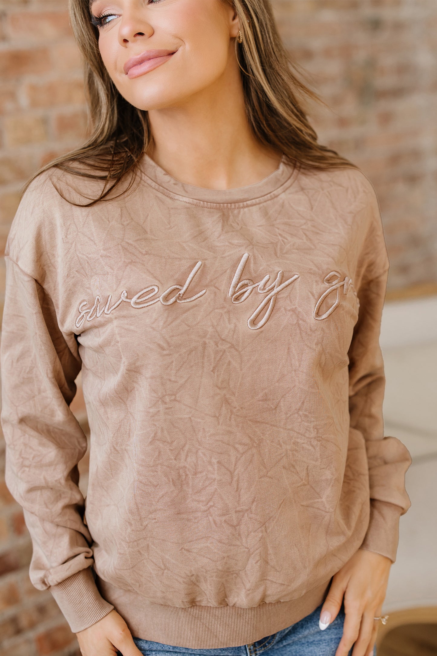 Mineral Red saved by grace Letter Embroidery Mineral Wash Loose Sweatshirt
