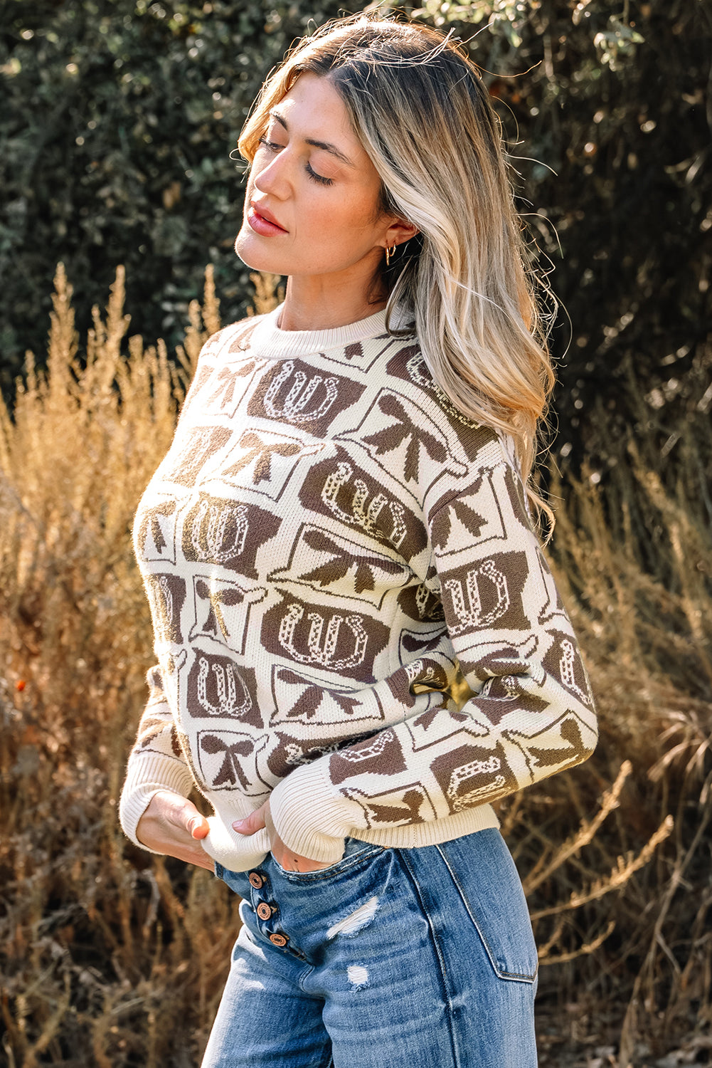 Black Bows & Horseshoes Pattern Western Fashion Print Sweater