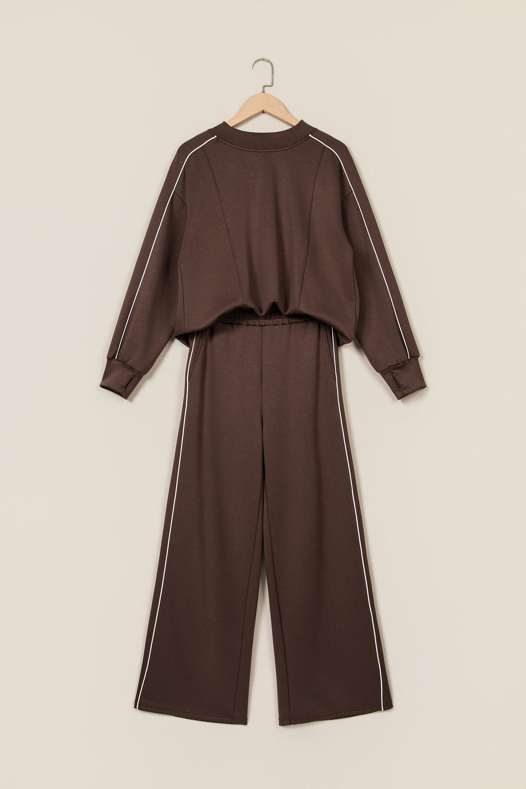 Coffee Sporty Piping Trim Mock Neck Pullover Relaxed 2pcs Pant Set