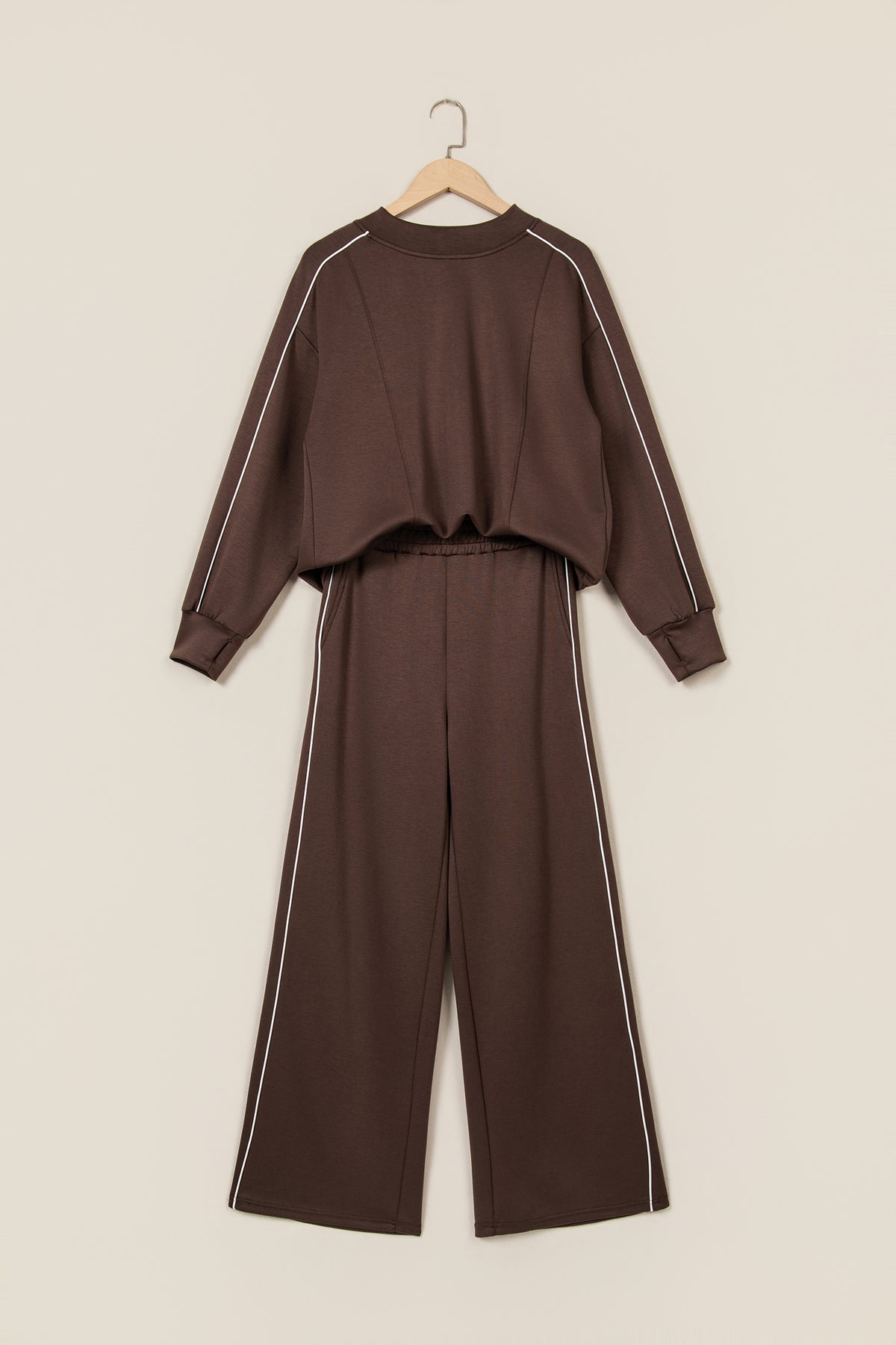 Coffee Sporty Piping Trim Mock Neck Pullover Relaxed 2pcs Pant Set