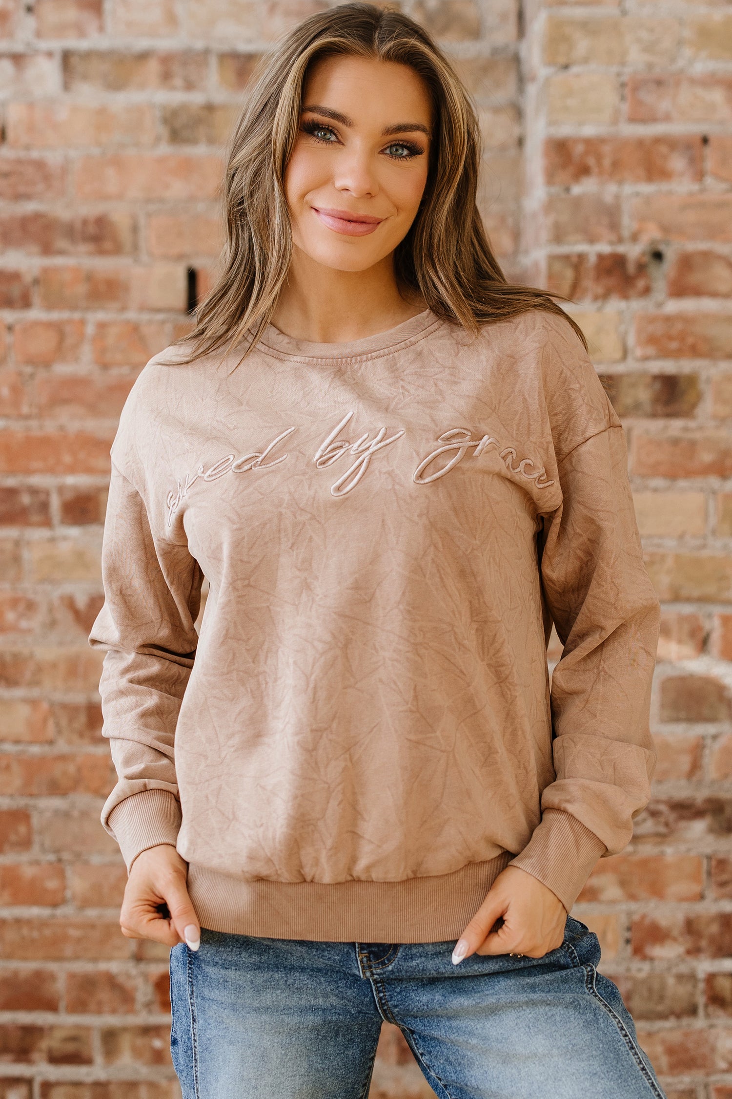 Mineral Red saved by grace Letter Embroidery Mineral Wash Loose Sweatshirt
