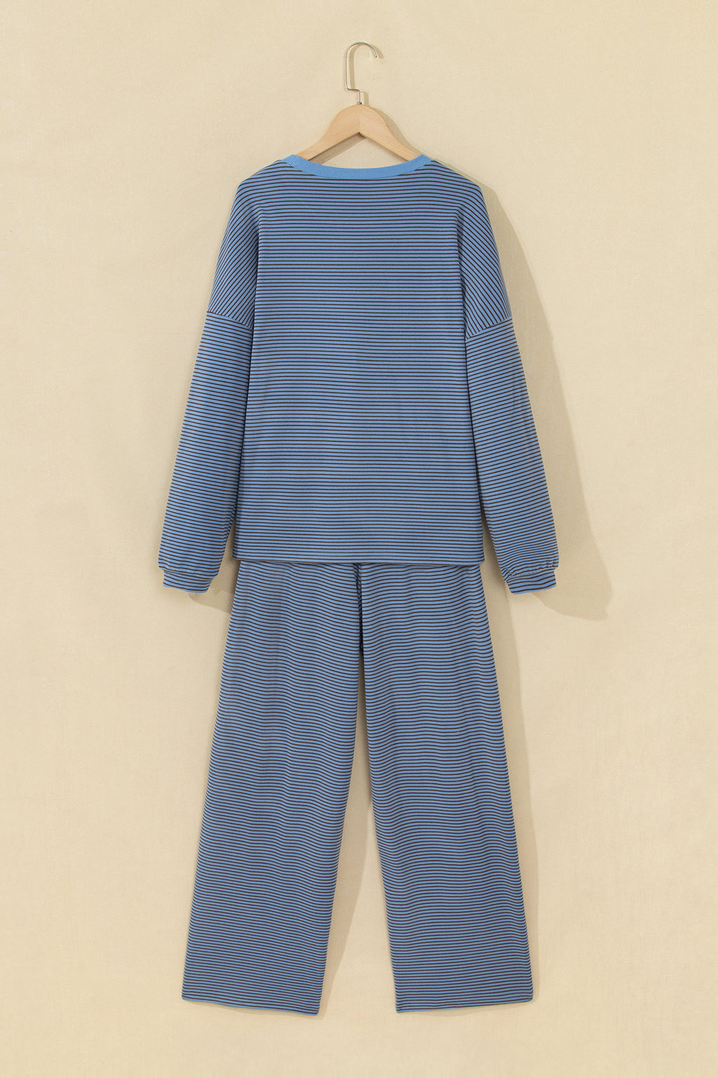 Beige Stripe Contrast Trim Round Neck Oversize Long Sleeve Top 2pcs Pant Set