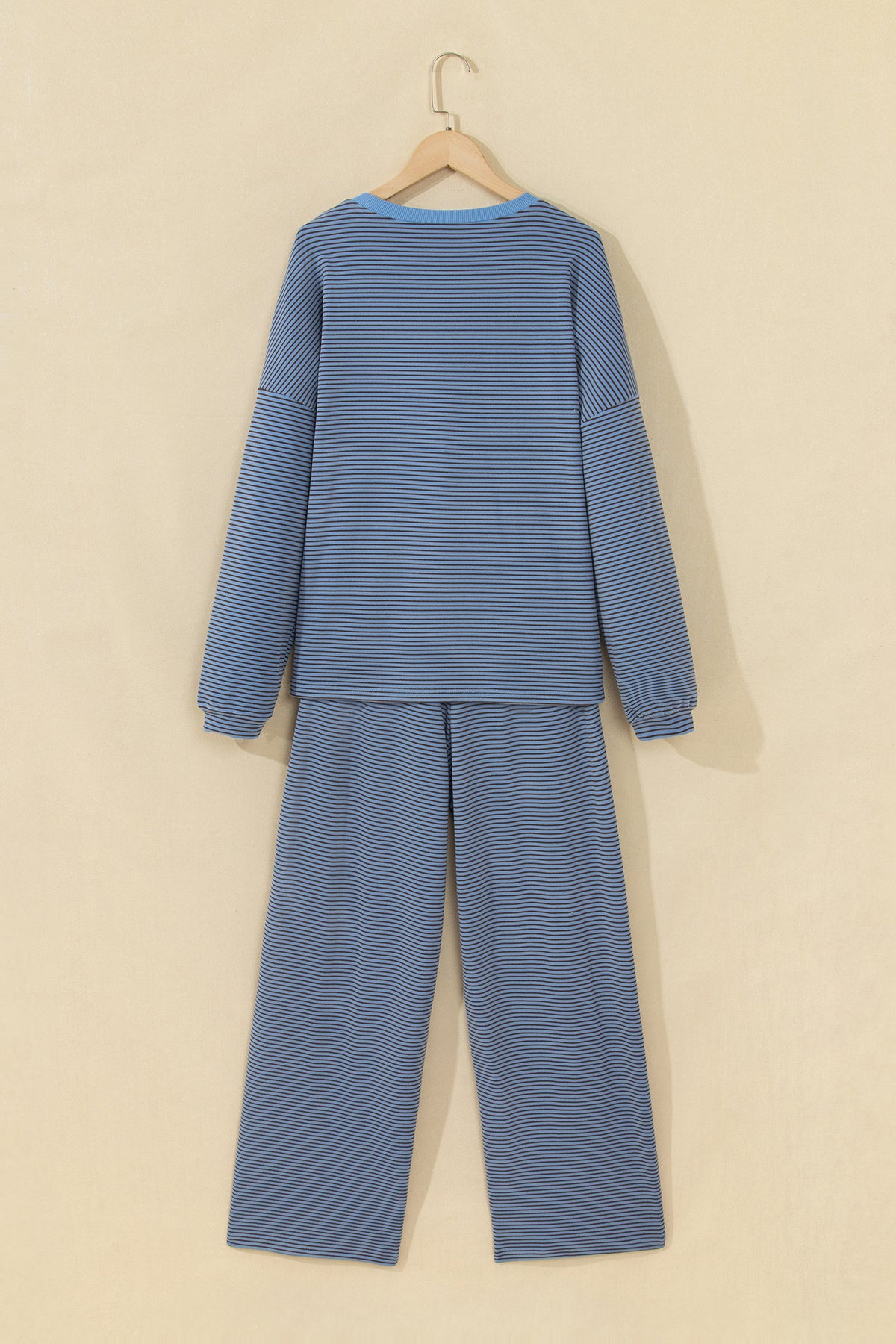 Beige Stripe Contrast Trim Round Neck Oversize Long Sleeve Top 2pcs Pant Set