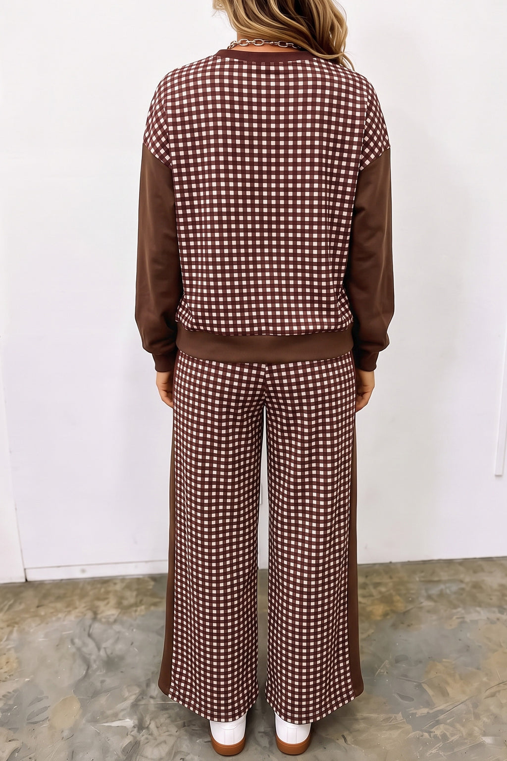 Khaki Color Block Plaid Patchwork Long Sleeve Pullover Wide Leg Pant Set