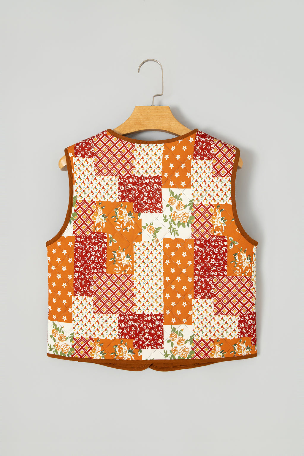 Golden Fleece Quilted Floral Patchwork Contrast Trim V Neck Button Vest