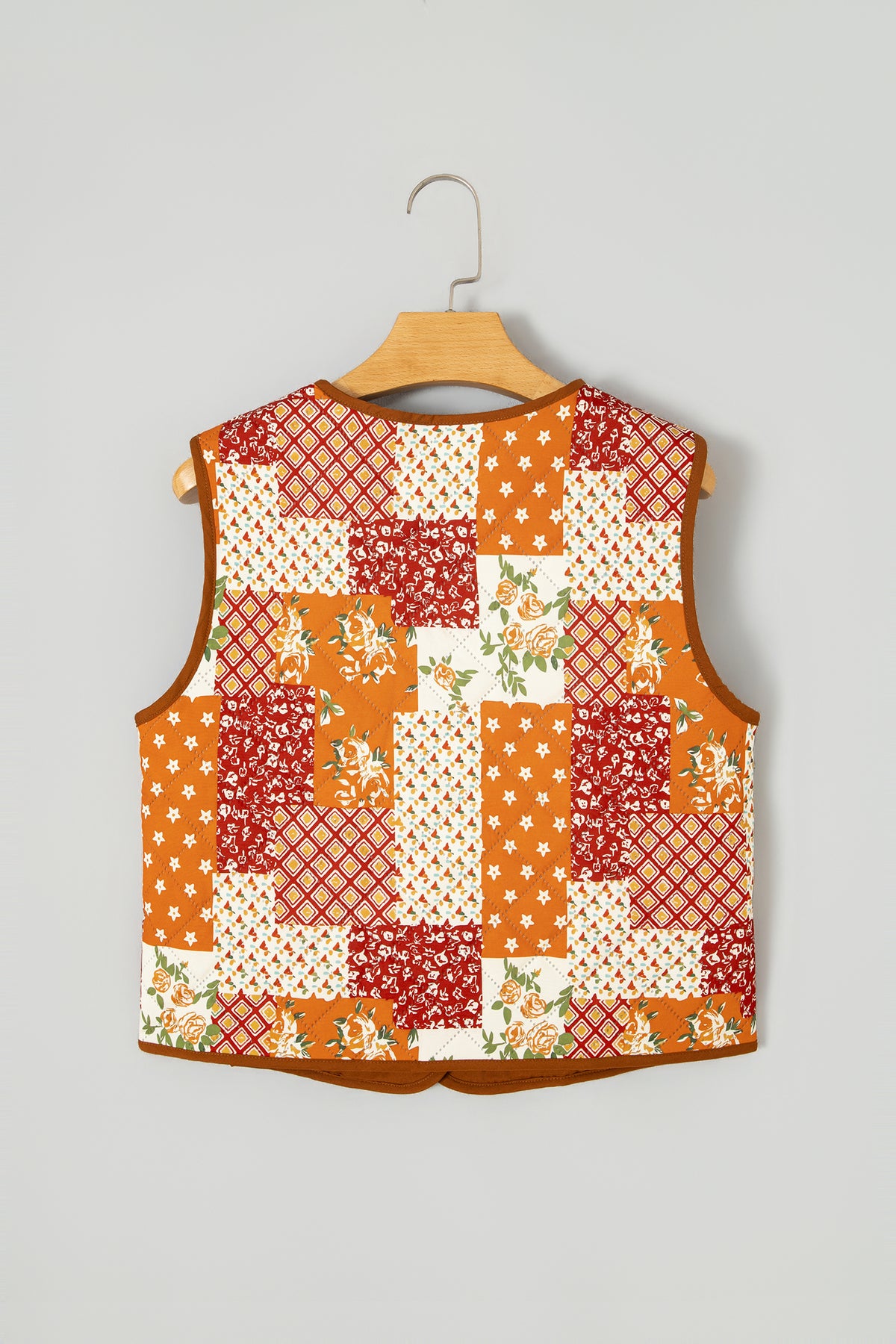 Golden Fleece Quilted Floral Patchwork Contrast Trim V Neck Button Vest