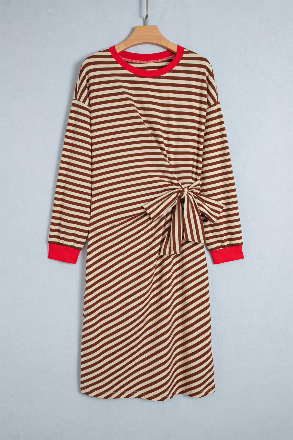 Khaki Stripe Striped Colorblock Cuffs Round Neck Long Sleeve Shift Dress