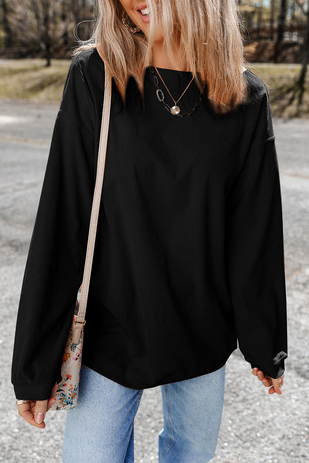 Strawberry Pink Ribbed Corduroy Oversized Sweatshirt