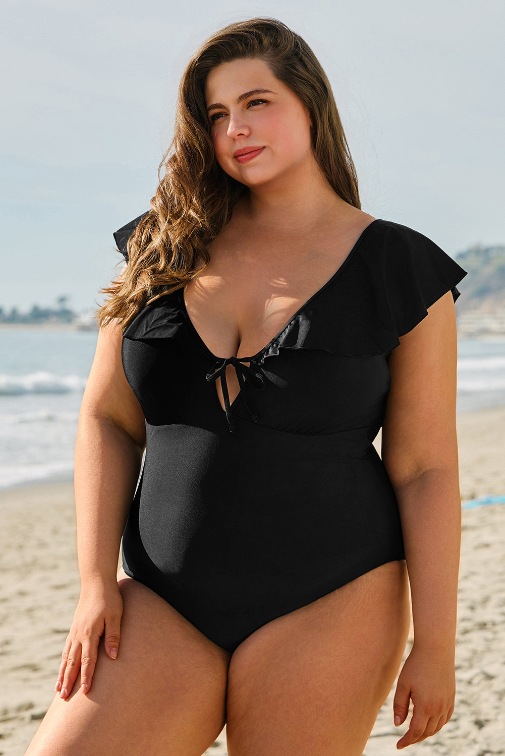 Black Ruffled Sleeve Lace-up V Neck Plus Size One Piece Swimsuit image 3