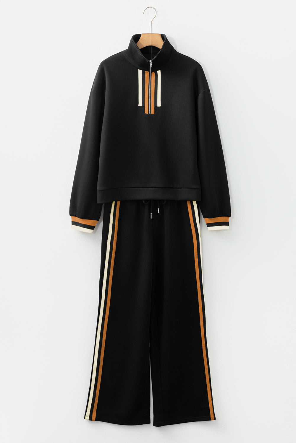 Apricot Striped Patchwork Quarter Zip Pullover Loose Pant Set