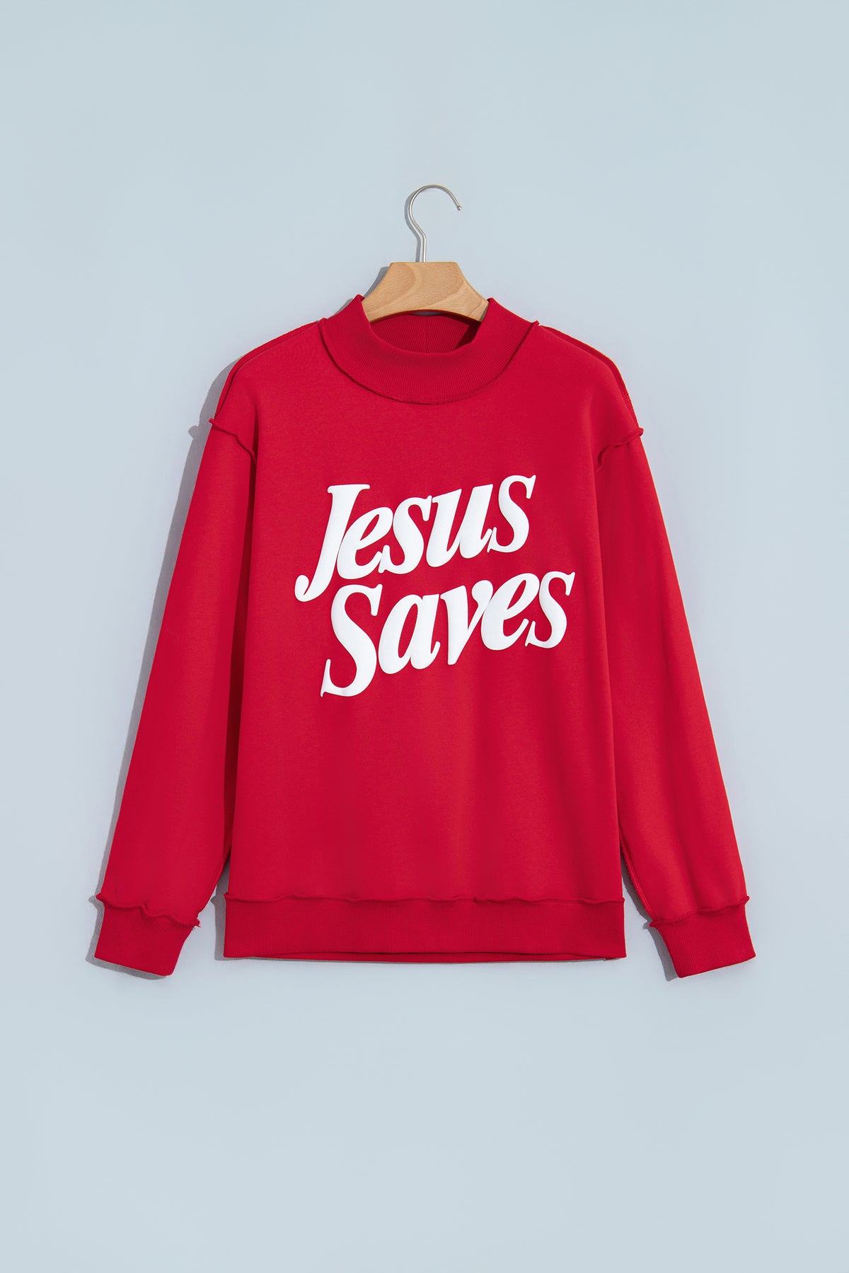 Mist Blue Jesus Saves Slogan Print Stand Neck Baggy Sweatshirt