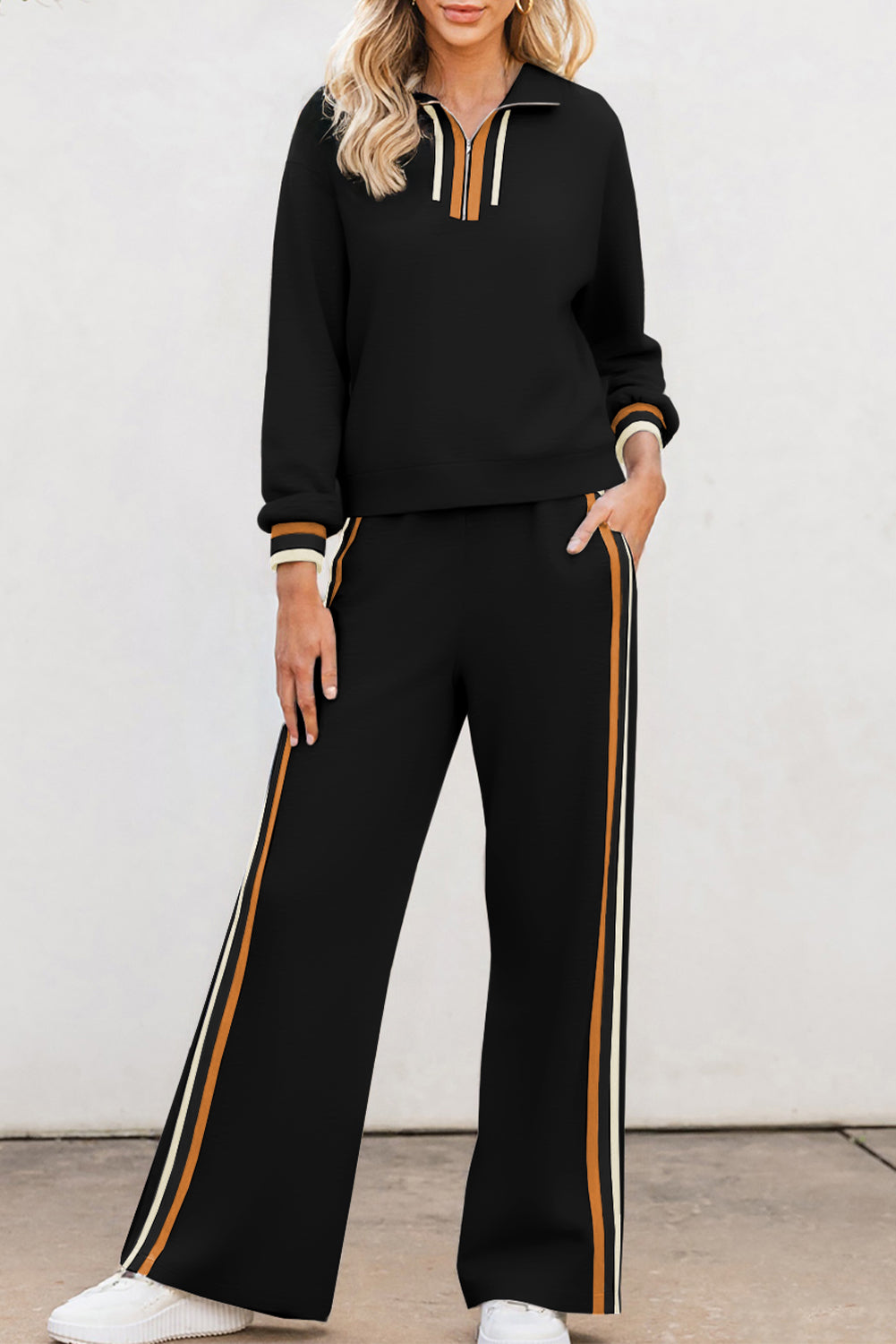 Apricot Striped Patchwork Quarter Zip Pullover Loose Pant Set