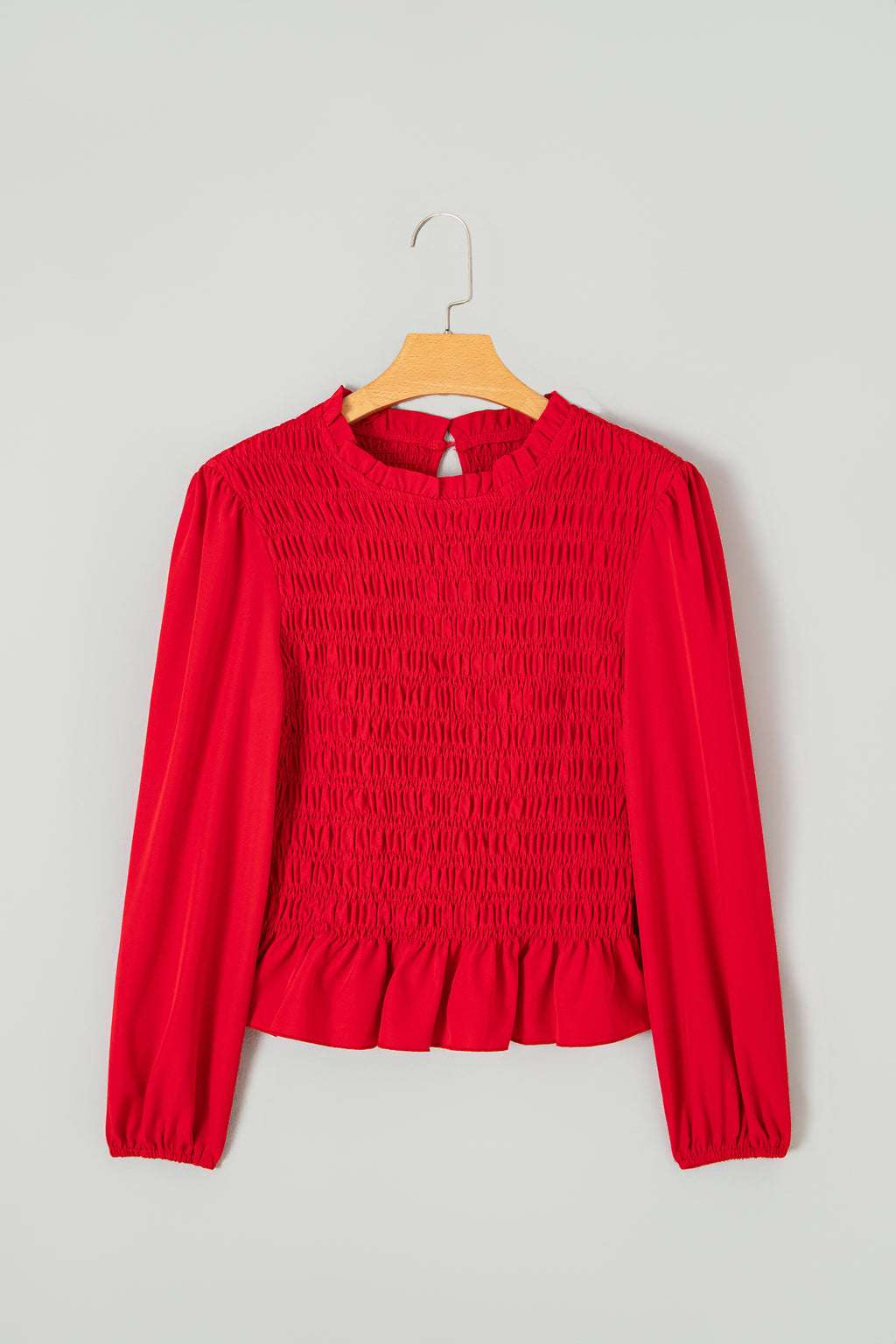 Coffee Solid Color Smocked Ruffle Hem Long Sleeve Blouse