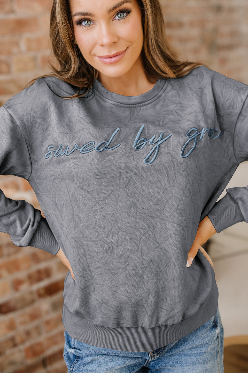 Mineral Red saved by grace Letter Embroidery Mineral Wash Loose Sweatshirt