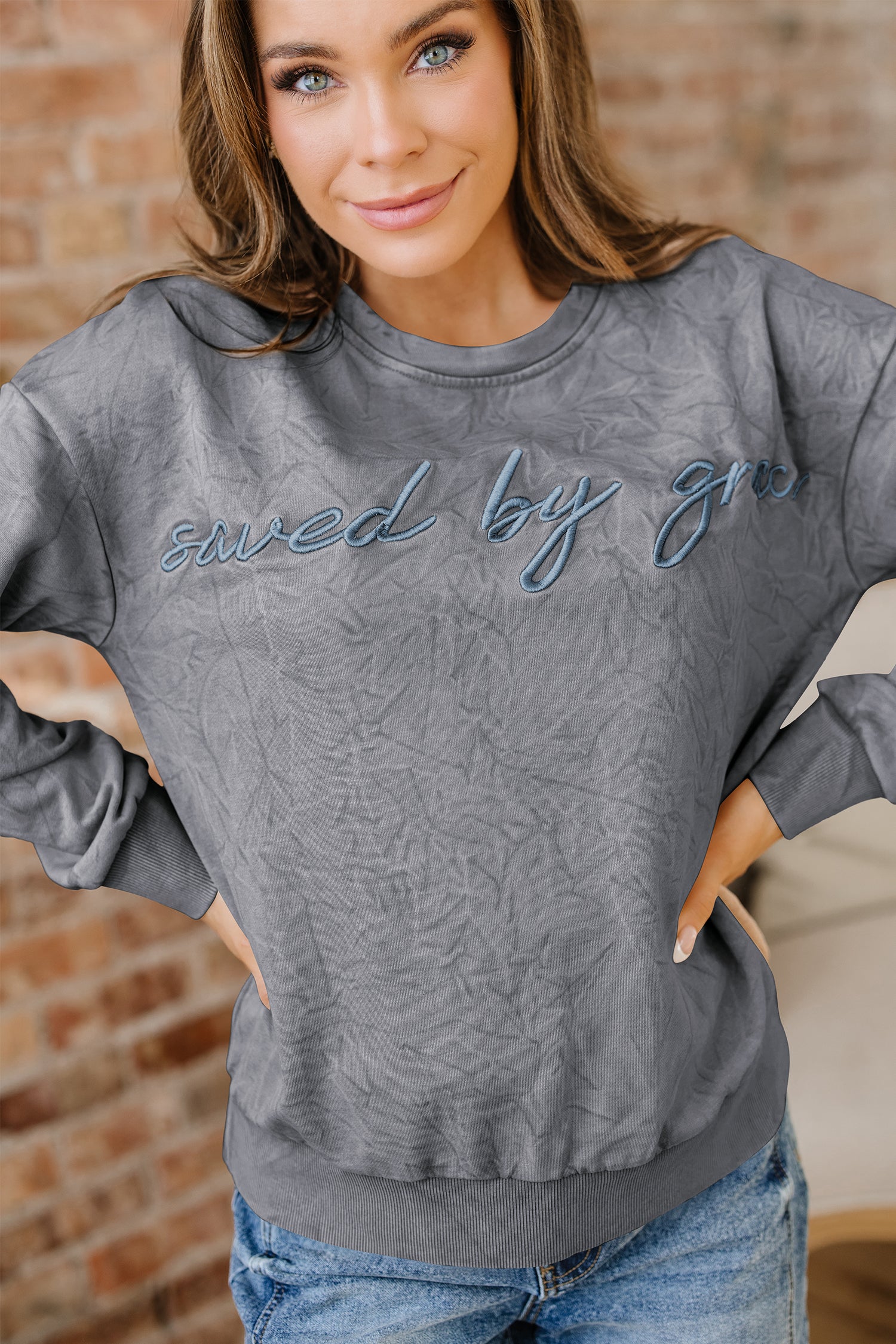 Mineral Red saved by grace Letter Embroidery Mineral Wash Loose Sweatshirt
