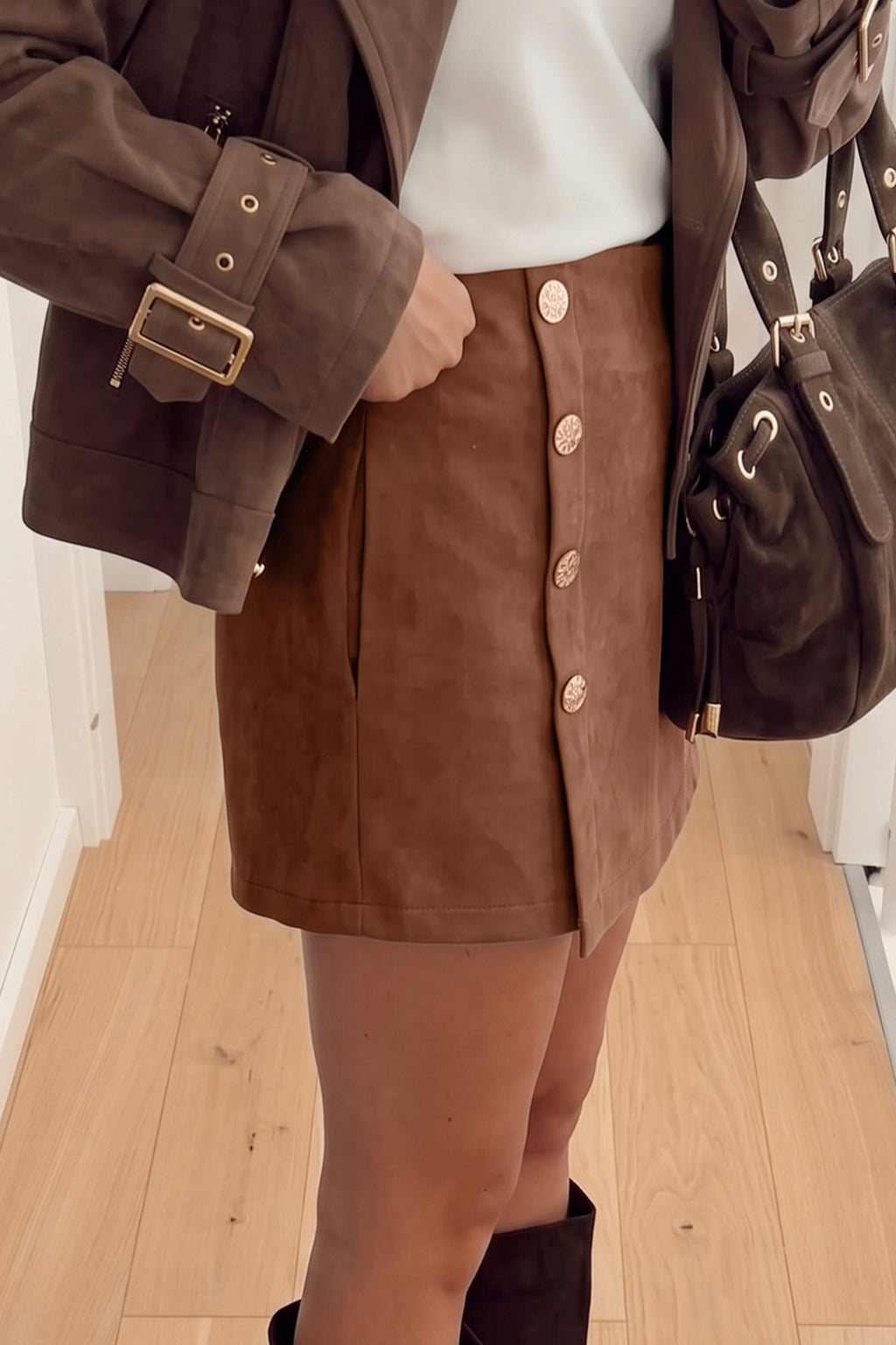 Dark Khaki Gold Button Asymmetric Wrapped Detail Mini Skirt