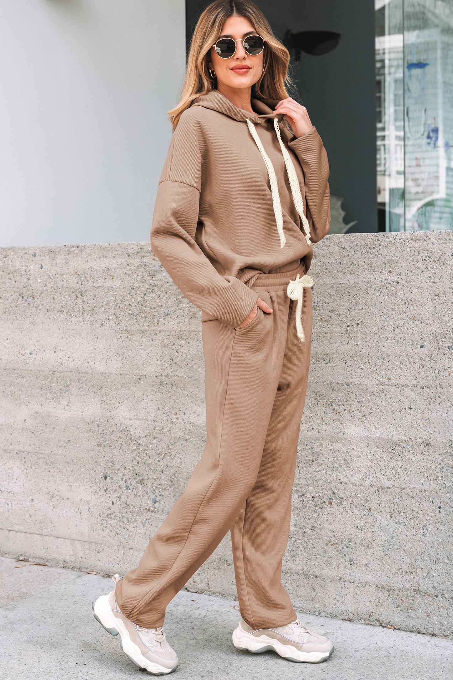 Parchment Leopard Drawstring Pullover Hoodie and High Waist Pants Corduroy Suit