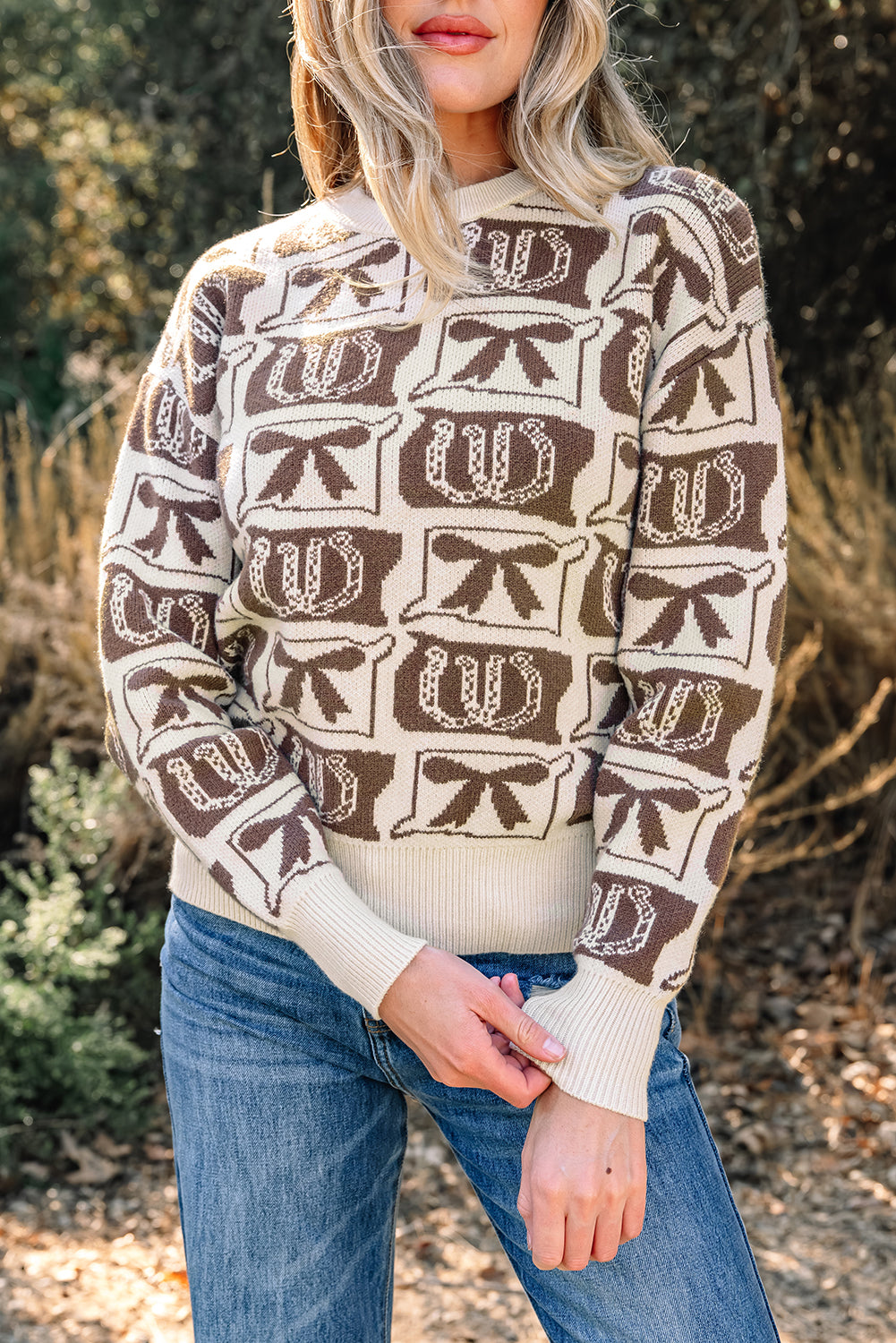 Black Bows & Horseshoes Pattern Western Fashion Print Sweater