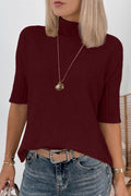 Burgundy Ribbed Trim High Neck Short Sleeve Casual Sweater
