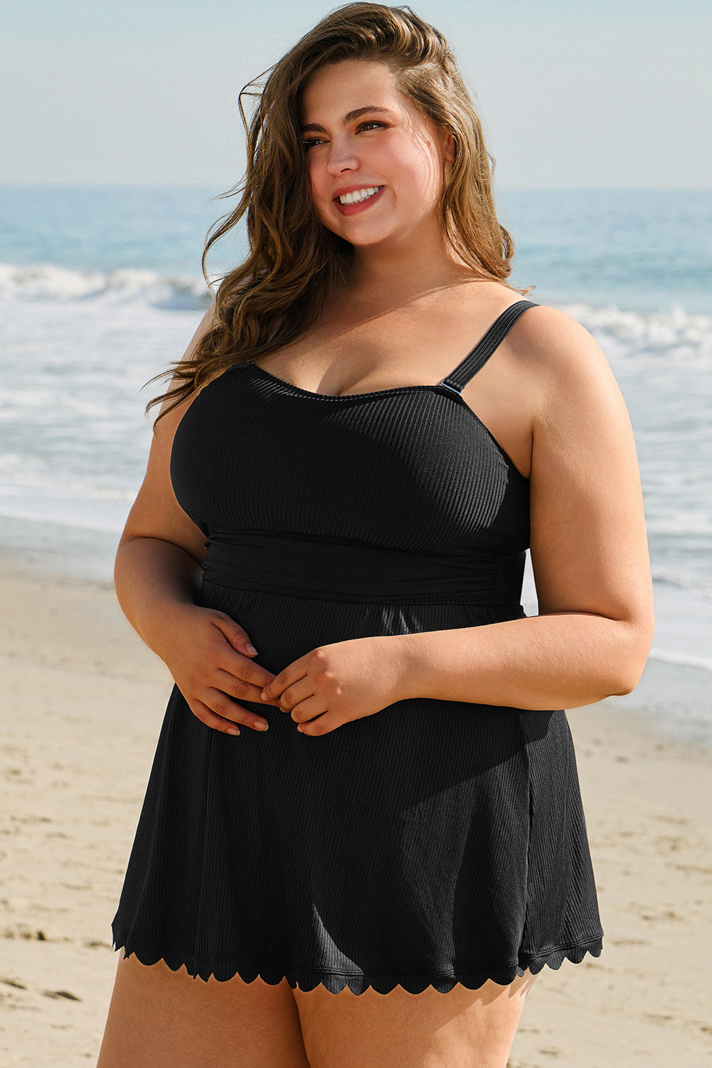 Black Plus Size Textured Scalloped Trim Swim Dress with Panty image 2
