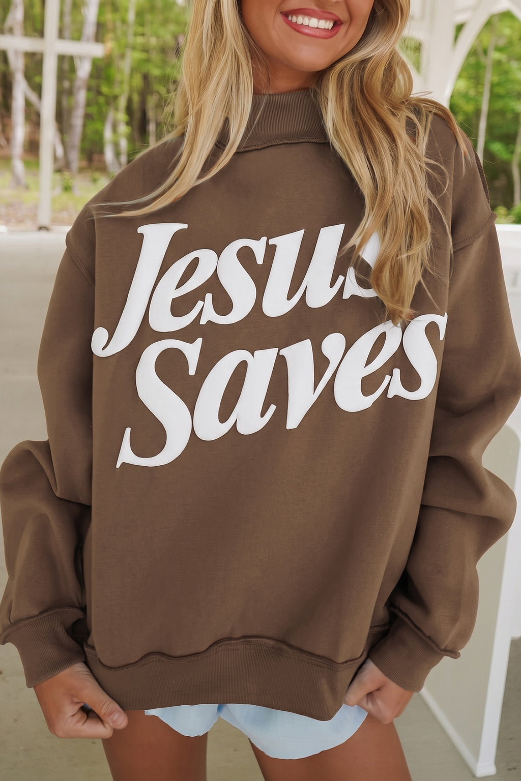 Mist Blue Jesus Saves Slogan Print Stand Neck Baggy Sweatshirt