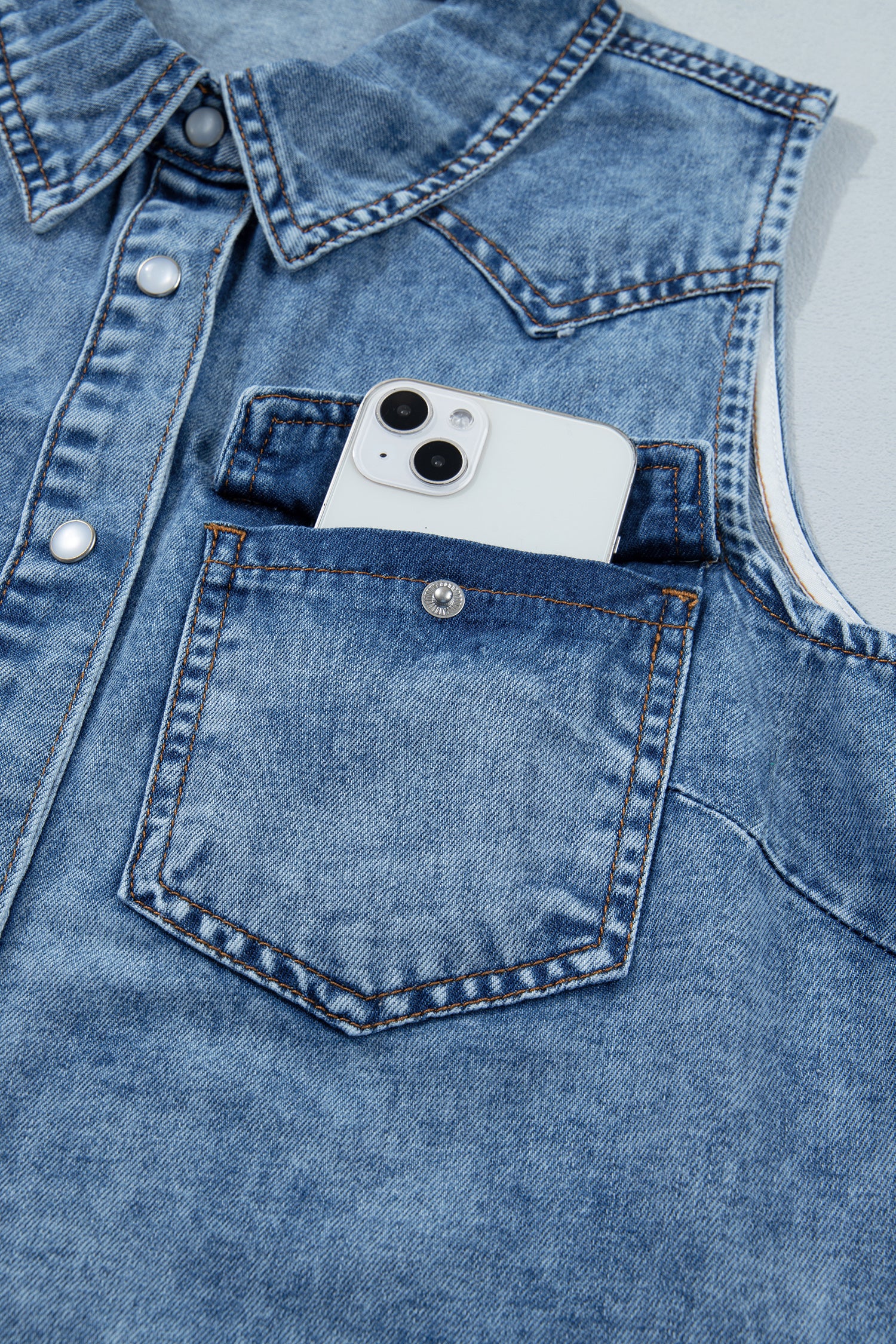 Dusk Blue Buttoned Front Collared Sleeveless Denim Vest