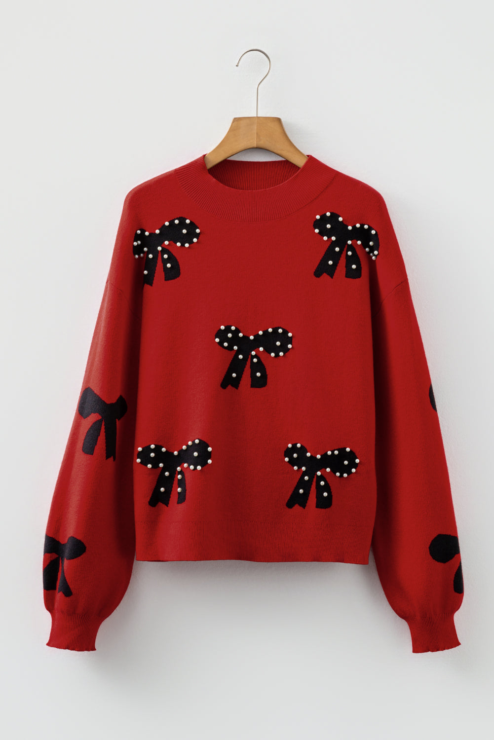 Racing Red Pearl Embellished Bow Pattern Loose Sweater