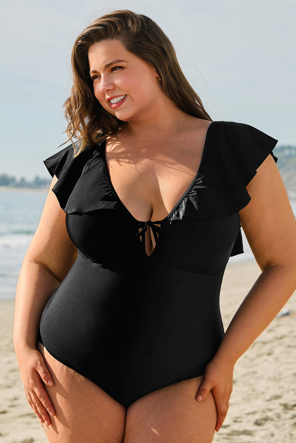 Black Ruffled Sleeve Lace-up V Neck Plus Size One Piece Swimsuit image 2