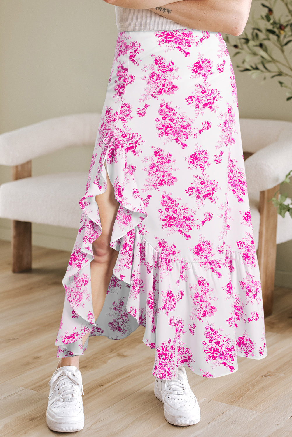 Sky Blue Boho Floral High Waist Ruffle Split Maxi Skirt