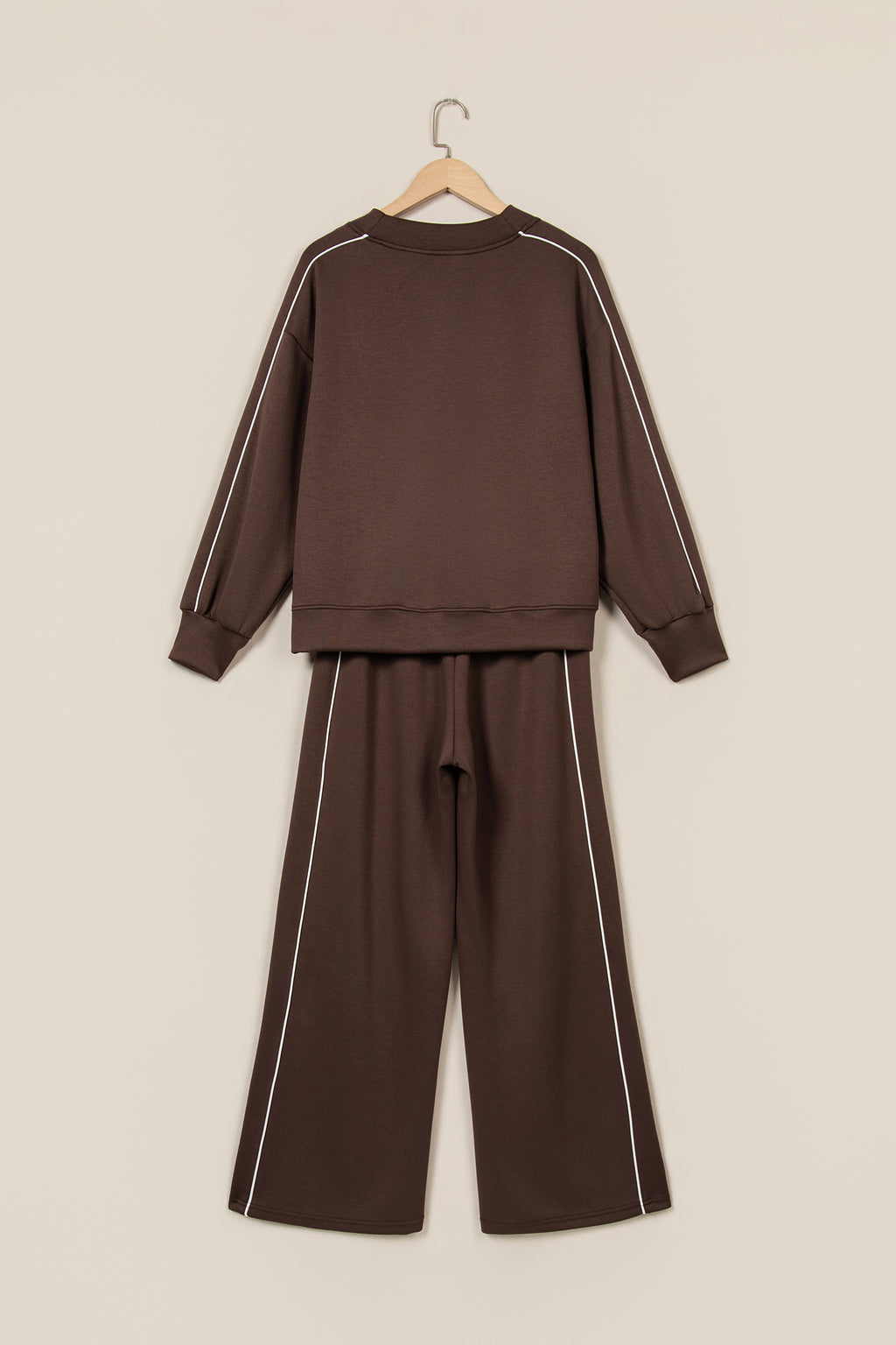 Coffee Sporty Piping Trim Mock Neck Pullover Relaxed 2pcs Pant Set