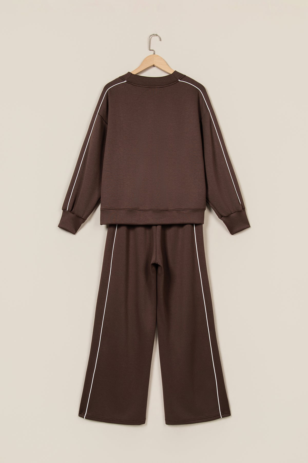 Coffee Sporty Piping Trim Mock Neck Pullover Relaxed 2pcs Pant Set