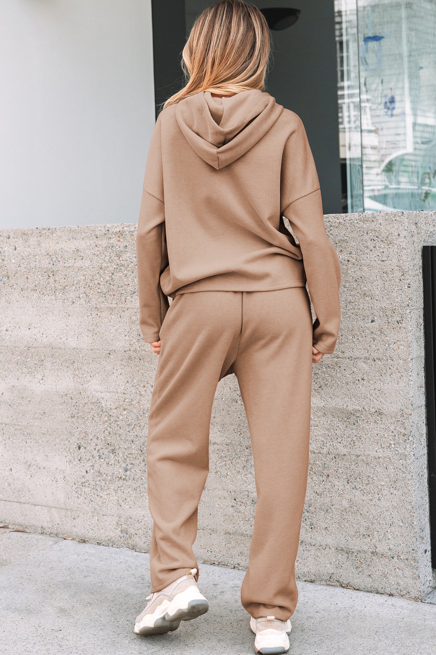 Parchment Leopard Drawstring Pullover Hoodie and High Waist Pants Corduroy Suit