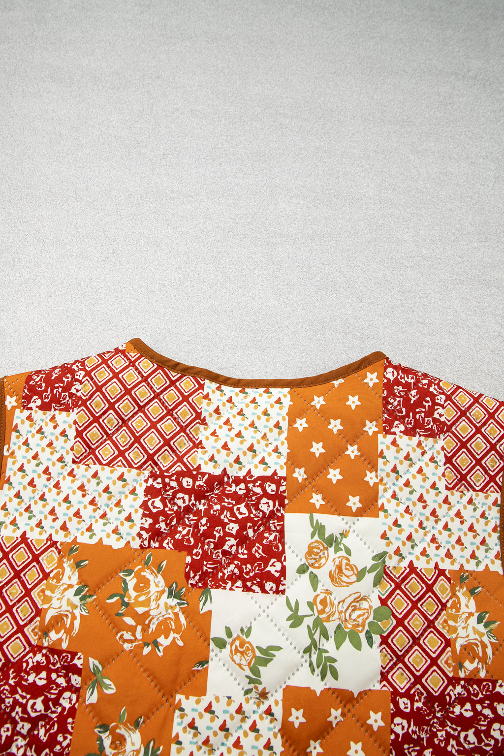 Golden Fleece Quilted Floral Patchwork Contrast Trim V Neck Button Vest