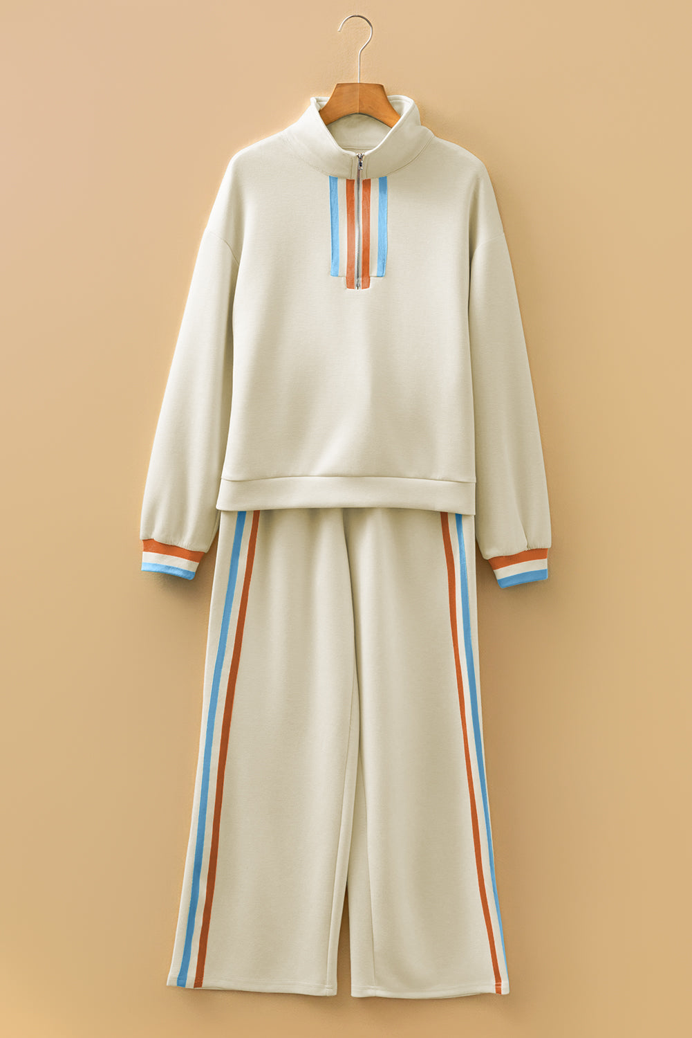 Apricot Striped Patchwork Quarter Zip Pullover Loose Pant Set
