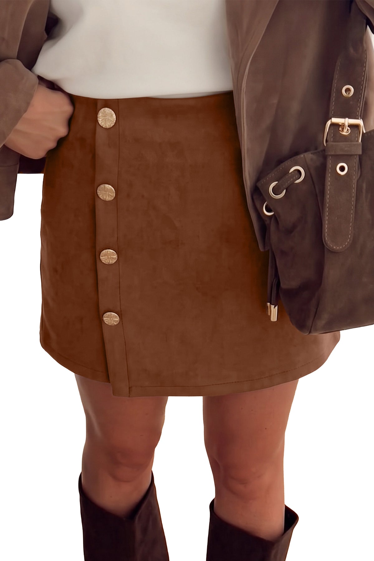 Dark Khaki Gold Button Asymmetric Wrapped Detail Mini Skirt