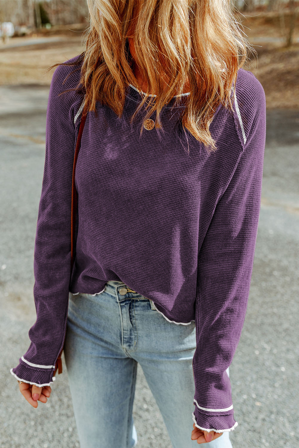 Smoke Gray Textured Round Neck Long Sleeve Top