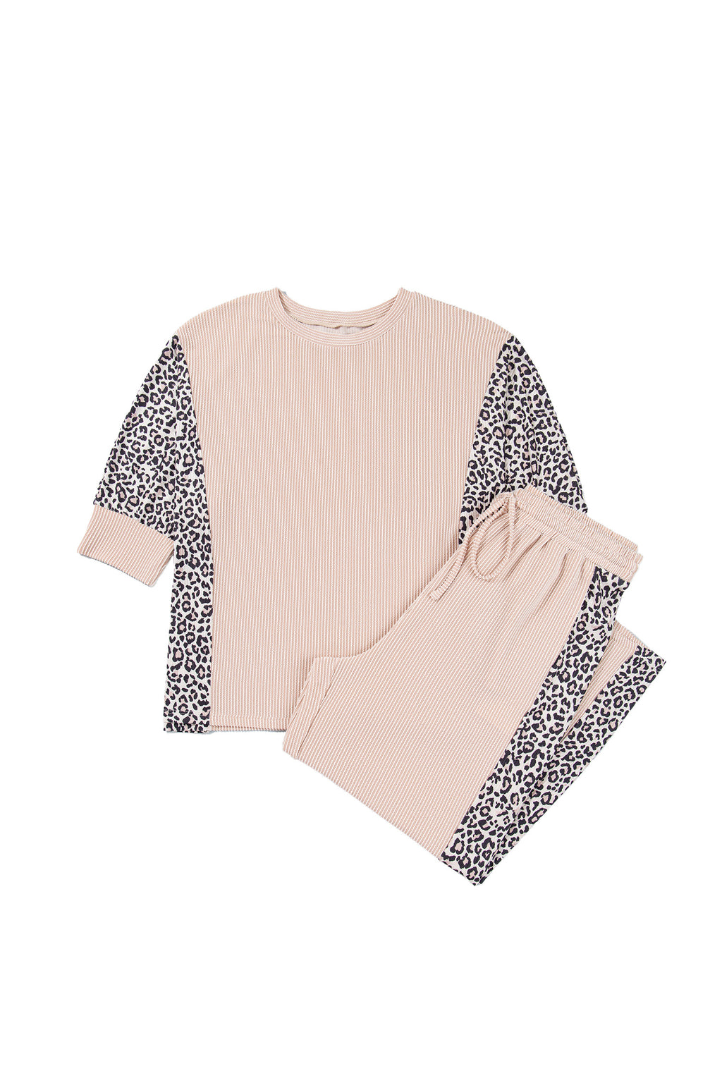 Light French Beige Leopard Print Ribbed Twist Long Sleeve Top Pants Plus Size Set