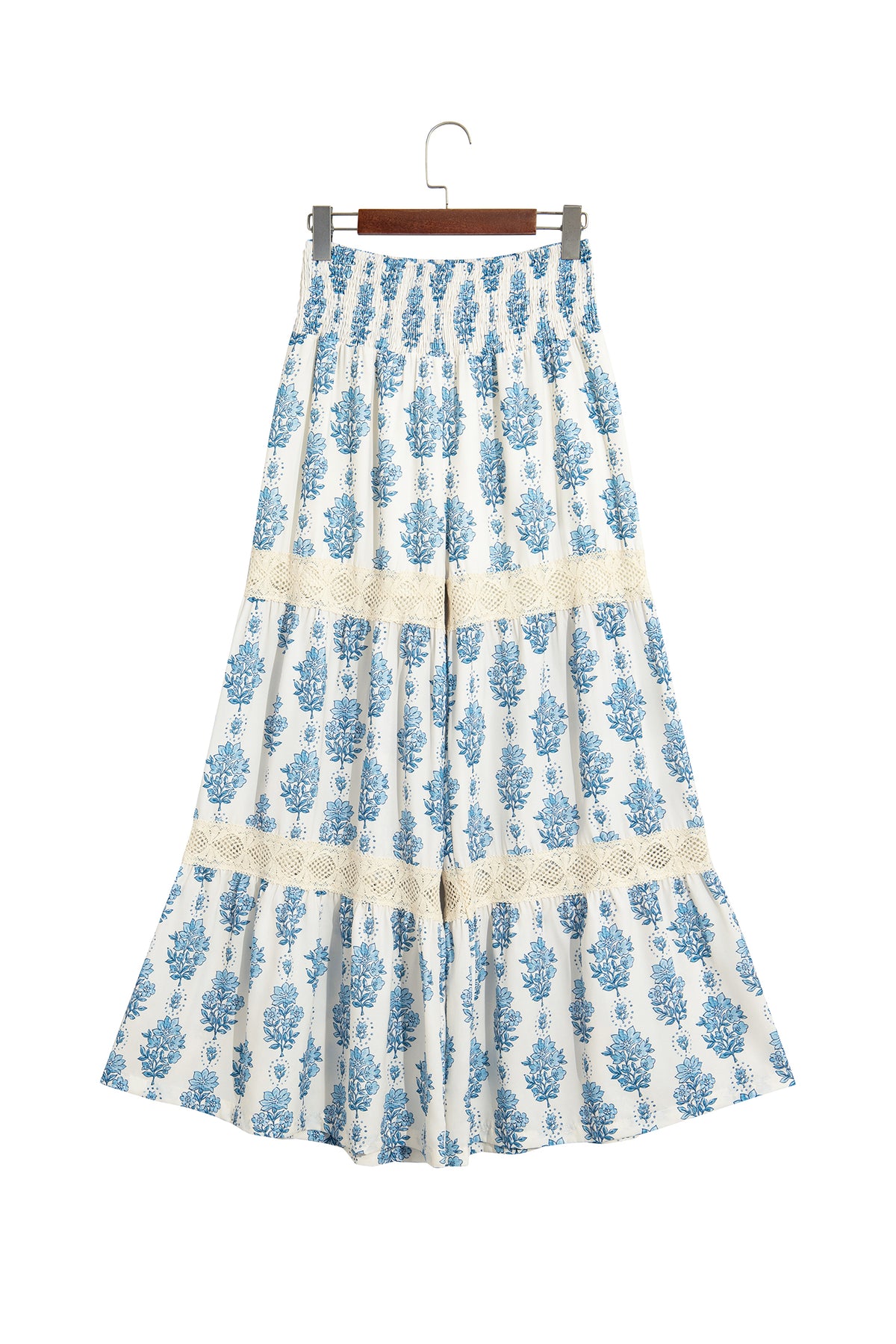 Sky Blue Floral Print Lace Patchwork Detail Wide Leg Pants