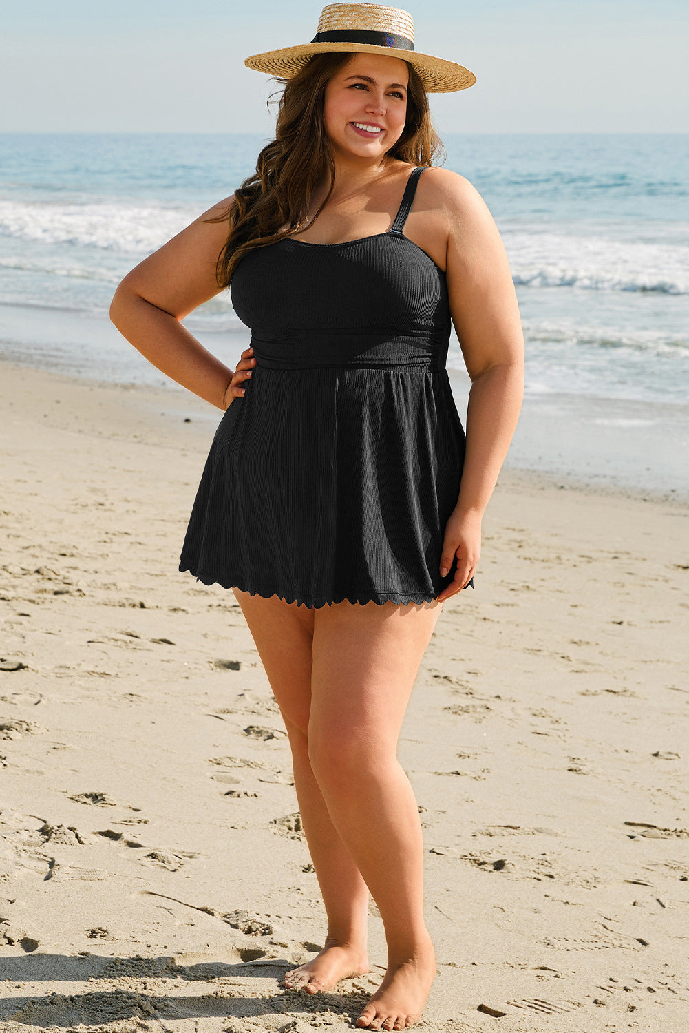 Black Plus Size Textured Scalloped Trim Swim Dress with Panty image 6