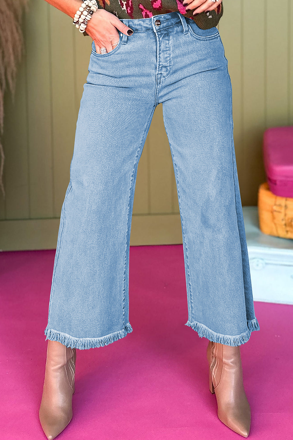 Peach Blossom Acid Washed High Rise Cropped Wide Leg Jeans