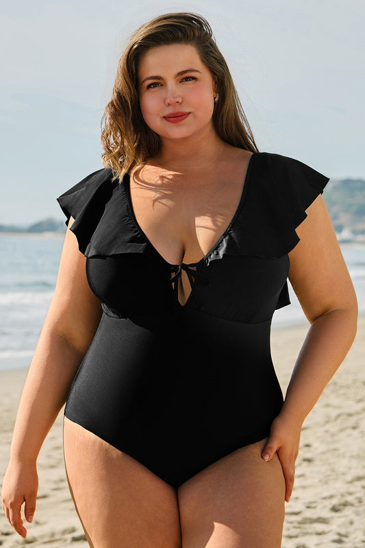 Black Ruffled Sleeve Lace-up V Neck Plus Size One Piece Swimsuit image 0