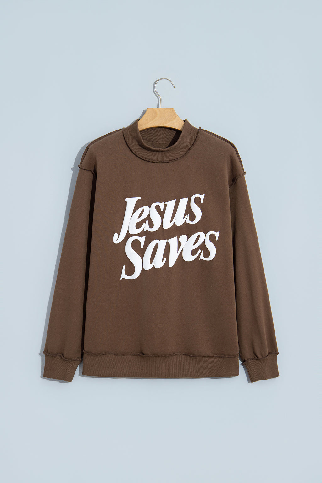 Mist Blue Jesus Saves Slogan Print Stand Neck Baggy Sweatshirt