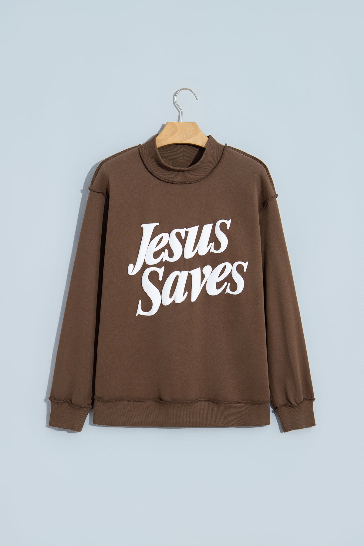 Mist Blue Jesus Saves Slogan Print Stand Neck Baggy Sweatshirt